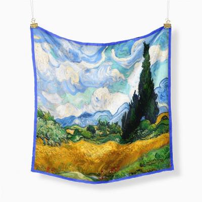 China Fashion Gift 53cm*53cm Vincent van Gogh Square A41 New Oil Painting Polyester Wheatfield Scarf Wholesale Silk Square Women Scarves for sale