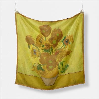 China Square Scarves Women Fashion Gift 53cm*53cm Vincent van Gogh Square A42 Sunflower Oil Painting Wholesale Polyester Classic Silk Scarf for sale