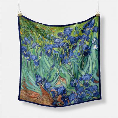 China Wholesale A43 Square Women New Fashion Vincent Van Gogh Oil Painting 53cm*53cm Retro Iridescent Flower Polyester Silk Scarf Square Scarfs for sale