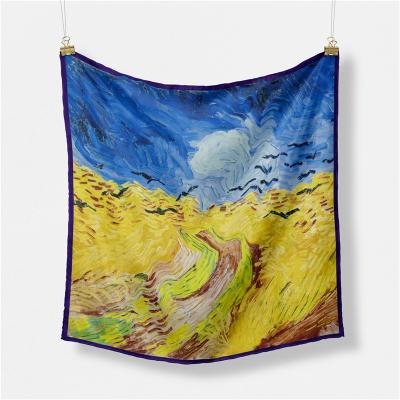 China Wholesale Scarf Art Print Women Scarves Madame Vintage Square Neck Oil Painting Night Crow Wheatfield Satin A46 53cm*53cm van Gogh for sale