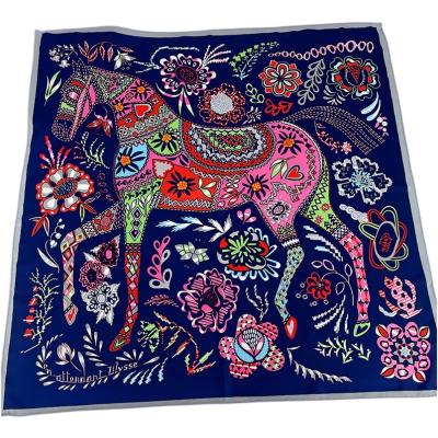 China Square 90102 Silk Twill Scarf 90*90cm Square Hand Rolled Designer Head Scarfs For Women Horse Twill Animal Silk Scarf for sale