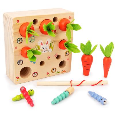 China Kids Gift Baby 2 in 1 Magnetic Pulling Carrots Catch Insects Wooden Toy Montessori Color Shape Sorter Game for Toddler Fine Motor Skills for sale