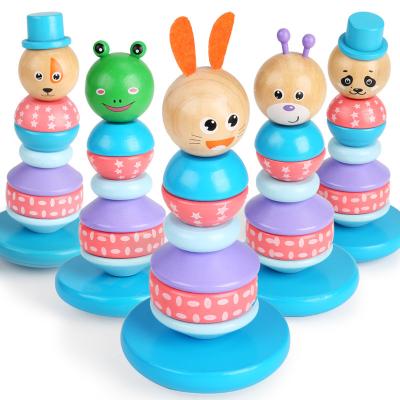 China Wooden Blocks Learning Educational Toy Newest DIY Early Educational Rabbit Geometric Animal Tumbler Tower Cartoon Shape Blocks Wooden Toy for sale