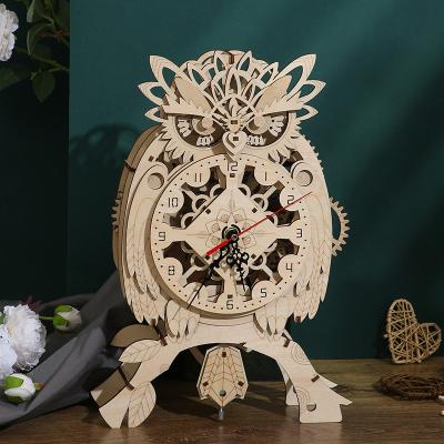 China Laser-Cut Wooden Mechanical Cartoon Toy 3D Puzzle Owl Clock DIY Model Kits Toys for Children and Adults for sale