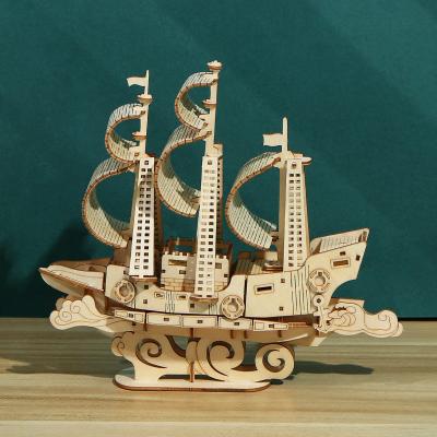 China Laser-Cut Mechanical Cartoon Toy Ocean Sailboat 3D Wooden Puzzle Boat Model Kits Toys for Children and Adults for sale