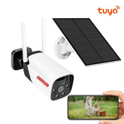 China Battery Operated NIGHT VISION PIR Alarm Waterproof Tuya Smart Two Way Audio Solar Bullet Camera for sale