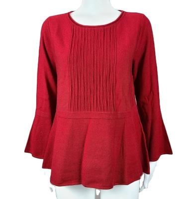 China Washable Stylish Flare Sleeves Knitted Red Wool Sweater Pleats Knitted Top for sale