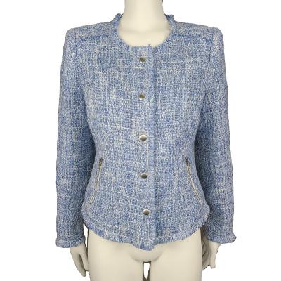 China UNDETERMINED high fashion fully lined tweed womens woven blazer with raw edges and zipper pocket and snap buttons for sale