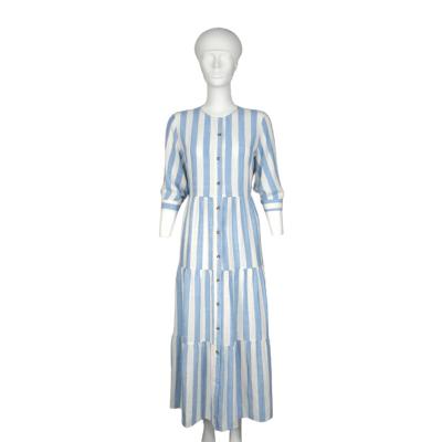 China New Design Washable Fashion Blue Striped Cotton Maxi Women Dress for sale