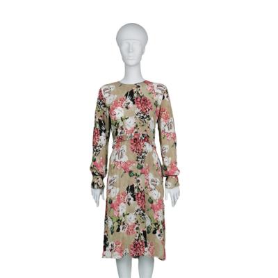 China New Flower Print Vacation Soft Tropical Slim Cotton V-Neck Long Sleeve Dress for sale