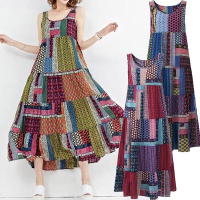 China Spring 2022 New Fashion Washable Women's Large Big Swing Bohemian Skirt Sleeveless Printing Dress Long for sale