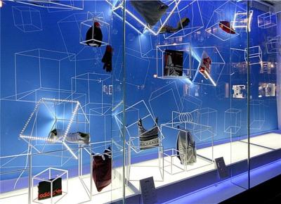 China Sport Shoe Window Display , Square See Tube Sidling Props Shoe Shop Window Displays With LED for sale