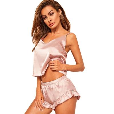 China ODM/OEM Breathable Women's V-Neck Sleepwear Shorts Pajamas Women Silk Satin Ruffle Trimmed Pajamas For Ladies for sale