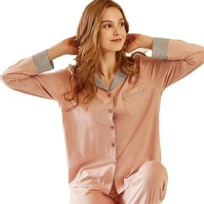 China Hot Sale QUICK DRY Women's Bamboo Cotton Knitted Stripe Puffed Turn Down Collar Sleepwear for sale