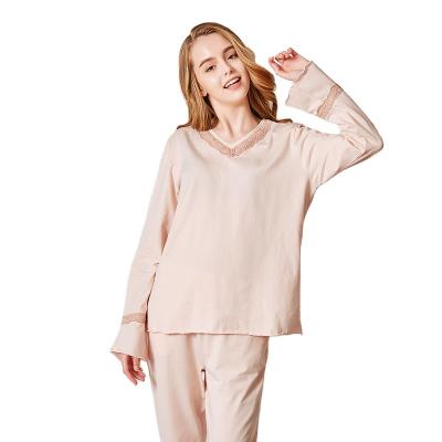 China New Design QUICK DRY Women's Bamboo Pajamas Set Solid Color Lace Decorated Night Wear Two Piece Pajama Set for sale