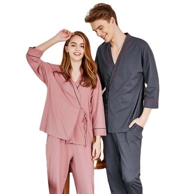 China Breathable Cotton Family Sleepwear Couple Solid Color Long Robe Knitted Bamboo Top for sale