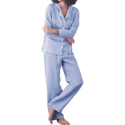 China Breathable Women's Linen Cotton Yarn Dyed Soft Pajamas Batiste Sleepwear Women Decline Collar Piped Pajamas Set for sale