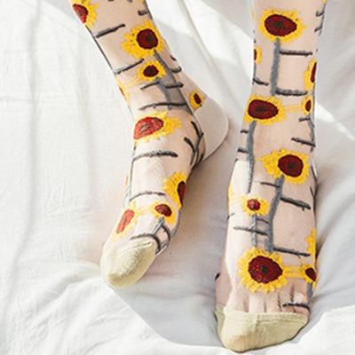 China Fashion Custom Embroidered Summer Thin Flower Forest Glass Silk Breathable Women Socks for sale