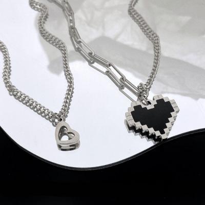 China Hiphop Double Mosaic Heart Necklace Pixel Peach Heart Necklace Titanium Steel Hip Hop Necklace for sale