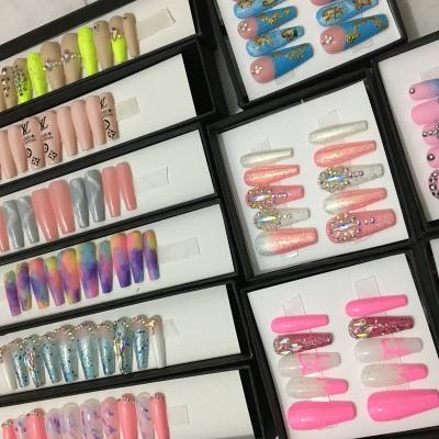 China Wholesale New Design H-325 Custom Coffin Ballerina Long Fake Nails Acrylic Nails For Nail Art With Rhinestones for sale