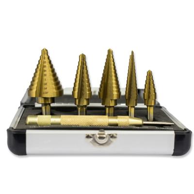 China 6pcs/lot Hss Metal Cobalt Non Ferrous Titanium Step Drill Bit Imperial High Speed ​​Steel Drill Bit Set For Metal Hole Drilling With Center Punch for sale