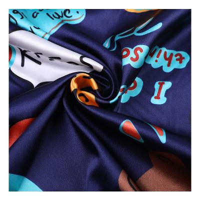 China 50*75D Memory Bear Print Stretch Polyester Spandex 100gsm Stocklots Soft Smooth Kids Pajama Satin Fabric for sale