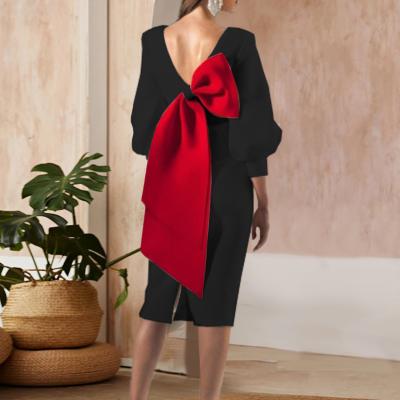 China Autumn Viable Big Bow Back Patchwork V-Neck Christmas Women Party Dress for sale