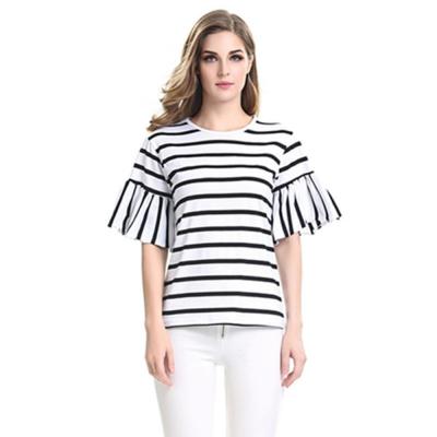 China Sustainable Ruffles Sleeve O Neck Striped Women's Casual T-Shirt for sale