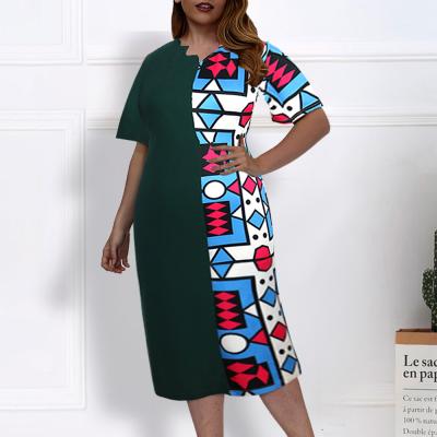 China New Plus Size Breathable Green Printing Patchwork Party Women Geometric Casual Dress for sale