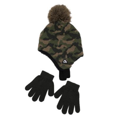 China COMMON Knitted Winter Beanie Hat Strap Thermal Fleece Pom Hat Ear Flaps Hat Camouflage Cap and Magic Glove 2pk for Toddler Kids for sale