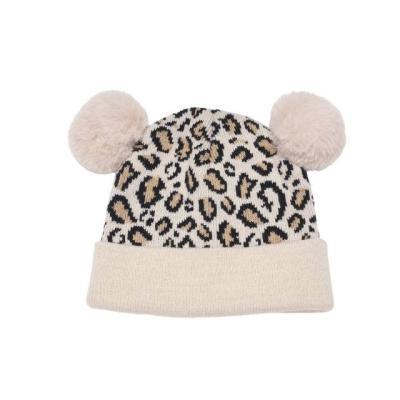 China COMMON New Product Girls Winter Knitted Warm Kids Leopard Jacquard Pattern With Pompom Cuff Hat Beanie for sale