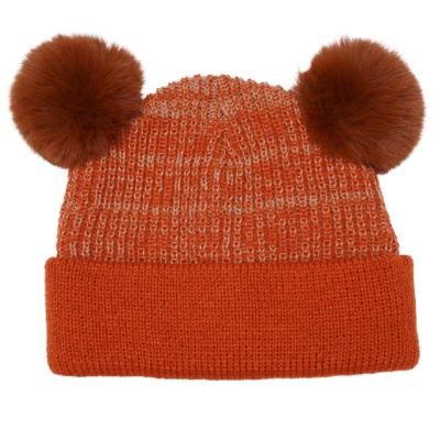 China COMMON Winter Knitted Kids Warm Beanie Faux Fur Pom Pom Cap Cuff Beanie Hats For Girls for sale