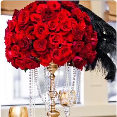 China Red gold silk vase theme rose with black feather flower ball table centerpieces for weddings for sale