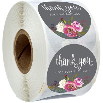 China Self Adhesive Sticker Floral Design Round Shape Thank You Sticker Roll, Custom Sticker Roll for sale