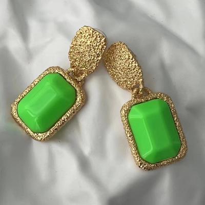 China CLASSIC European American retro green gold plated soft brass plated 24k gold oil dripping temperament lady square pendant ear hook for sale