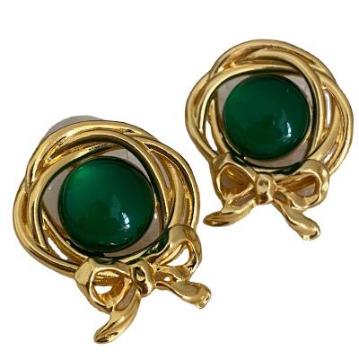 China High quality European and American medieval fresh green bow small fresh green arc delicate temperament lady 24k brass needle silver earrings for sale