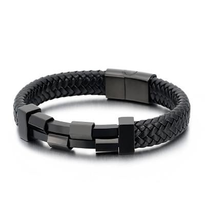 China Anti-Allergy Stainless Steel Custom Design Braided Genuine Cowhide Men Leather Bracelet With Magnetic Clasp for sale