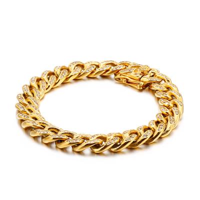 China Fashionable Cuban Gold Rhinestone Chain Link Anti-allergy Stainless Steel Crystal Stone Bracelet For Men for sale