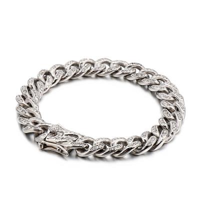 China Anti-allergy stainless steel fashionable rhinestone link chain men cuban zirconia pave bracelets for sale