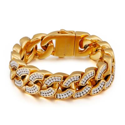 China Anti-allergy stainless steel fashionable rhinestone link chain men cuban zirconia bracelet for sale