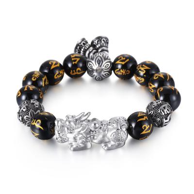 China Custom Anti-allergy stainless steel beads pixiu bracelets feng shui black obsidian bracelet for sale