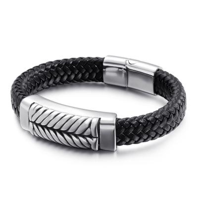 China Anti-allergy stainless steel man custom design cowhide braided leather bracelet men for sale