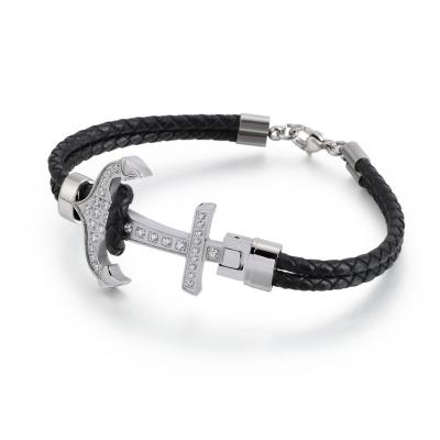 China Anti-allergy New Custom Design Stainless Steel Mens Leather Anchor Bracelet With Zircons for sale