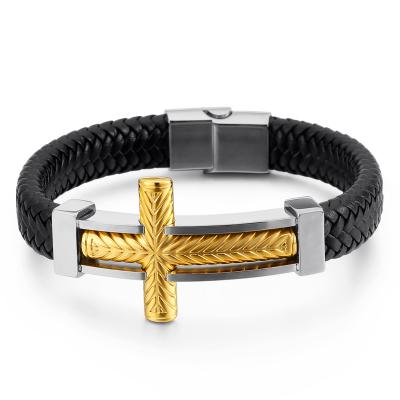 China Anti Allergy Stainless Steel Cross Jewelry Bracelet Men Italian Braided Genuine Leather for sale