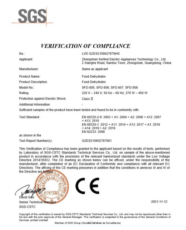 CE - Zhongshan Sorfnel Electric Appliances Technology Co., Ltd.