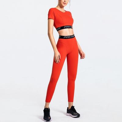 China BBSM0428 Factory direct sales dance training breathable orange female sports suit short sleeve leggings yoga set solid color fitness suit for sale