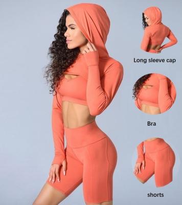 China BBYKS1011 New 3PCS Breathable Long Sleeve Hoodie And Bra Shorts Set Bra Shorts Yoga Set for sale