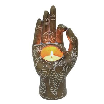 China Hot Sale Home Decoration Ornaments Home Decoration Resin Buddha Hand Candle Holder Glass Statues for sale