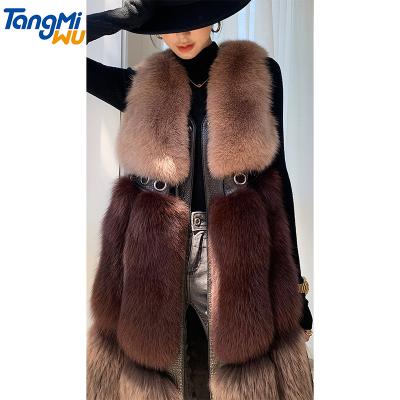 China Anti-wrinkle good quality luxury ladies imported fox fur longcoat splicing fox fur coat real leather overcoat women sleeveless collar for sale