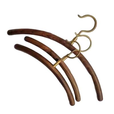 China Wooden Country Curved Shape Black Walnut Color With Bronze Hook Luxury Fabric Dress Overcoat Hangers for sale